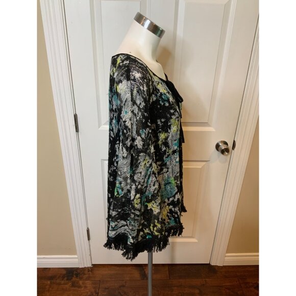 Alberto Makali Black, Blue & Yellow Knit Poncho Fringe Trim, NWT! Size Large - Picture 2 of 5